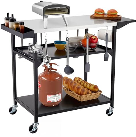 GarveeLife Grilltisch für den Außenbereich, mit 4 Rollen, Pizzaofentische aus Edelstahl für draußen, beweglicher Vorbereitungstisch, Kochstation, multifunktionaler Wagen, Metall-Arbeitstisch