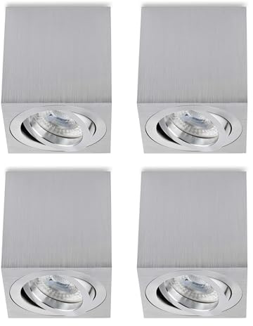 Sweet Led Aufbaustrahler aus Aluminium - 4x Deckenspots 7W 3000K warmweiß - LED Aufbauspot alu gebürstet Eckig - Aufbauspot GU10 80x80x84 mm - Aufputz 230V schwenkbar