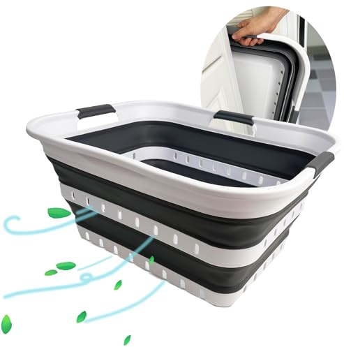 SAMMART Collapsible Plastic Laundry Basket - Foldable Pop Up Storage Container/Organizer - Portable Laundry Hamper - Space Saving (Weiß/Stahlgrau, 42L)