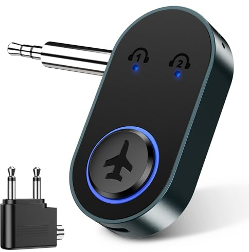 OQIMAX Bluetooth 5.3 adapter flygplan, Bluetooth-sändare uttag 3,5 Bluetooth-sändare för 2 hörlurar, AUX Bluetooth-adapter för flygplan/TV/PC för trådlösa hörlurar/högtalare, 16H arbetstid