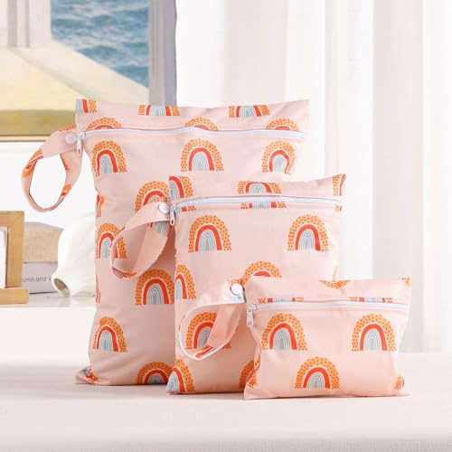 Treer 3 Stück Baby Windeltasche für Unterweg, Stoffwindeln Nasstaschen Wiederverwendbar Wasserdicht Waschbar Windeln Organizer Beutel mit Mode Streifen Muster und Reißverschluss (Regenbogen)
