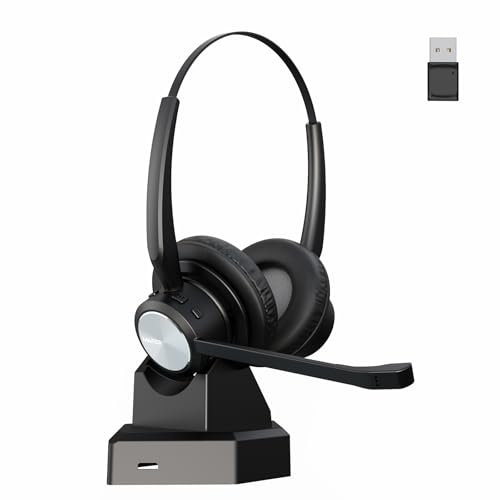 Mairdi Casque Bluetooth avec microphone pour PC, casque sans fil, réduction du bruit avec dongle USB et station de charge pour bureau/ordinateur/équipe/zoom/Skype/ordinateur portable