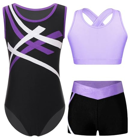 Jugaoge Mädchen Ärmellos Turnanzug Streifen Gymnastikanzug Stretch Tanzbody Leotard + Stretch Sport Shorts + Crop Top 3er Set Tanzoutfit Violett 146-152