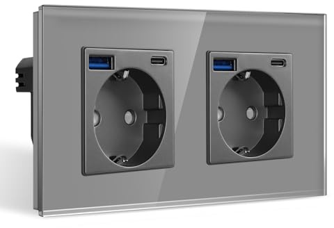 CNBINGO Doppelsteckdose Unterputz mit 2x USB-A/C Max.2,1A, Glas Grau | Schuko Steckdose mit USB-A und Typ-C Anschluss, 2-Fach Wandsteckdose Kindersicherung mit Glasrahmen, Horizontal/ Vertikal