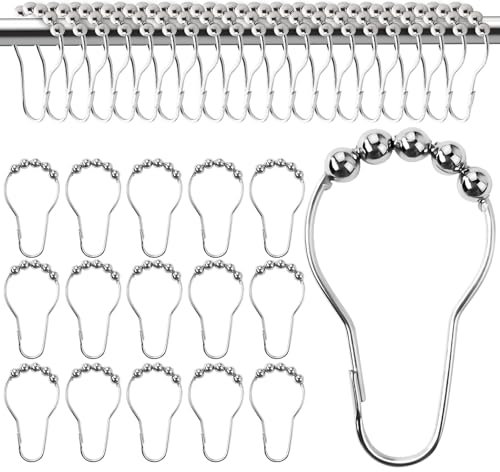 Sinofort 50PCS Shower Curtain Hooks,7.4cm*3.6cm Stainless Steel Roller Balls Bath Curtain Rings,Silver, Metal, Shower Rod & Rail Rings, Roller Balls for Bathrooms Rust-Resistant Easy To Open,Install