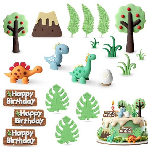 20PCS Dinosaur Birthday Cake Toppers Decorations,3D Dinosaur Cake Decorations with Egg Leave Tree Happy Birthday Sign,Dino Cake Toppers for Baby Shower Boys Girls Themed Party