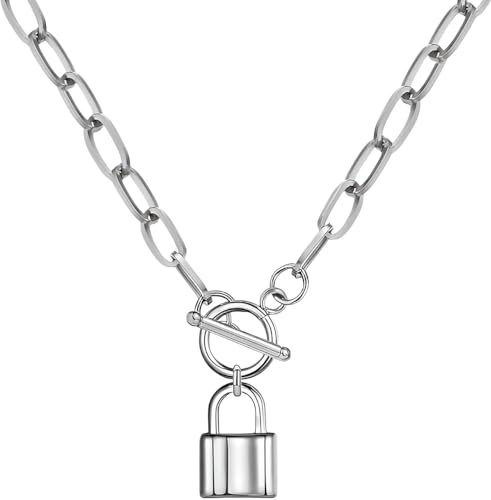 jewelry Accessories 925 Sterling Silver Coin Toggle Necklace For Women, Toggle Paperclip Chain Padlock Pendant Necklace - Lock And Key, Heart, Coin Chain Pendant Necklace necklace