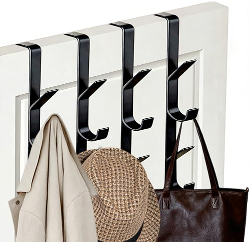 KEGOZ Over The Door Hooks, 4Pcs Stainless Steel OverDoor Hook Towel Hanger, 5 Hooks Door Hanger Hook for Bathroom Clothes Coat Hats Bags Towel (Black)