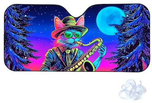 Auto Sonnenschutz Frontscheibe, 145x69,5cm, Kunstvolle Motive, Faltbar, UV-Schutz & Temperaturreduzierung (Saxophon und Katze)