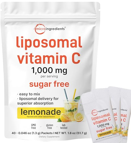 Micro Ingredients 1,000mg Vitamin C Powder for Daily Use | Liposomal Fat-Soluble Form for Better Absorption | Sugar-Free Lemonade Drink Mix | 40 Travel Packets, Fast-Dissolving