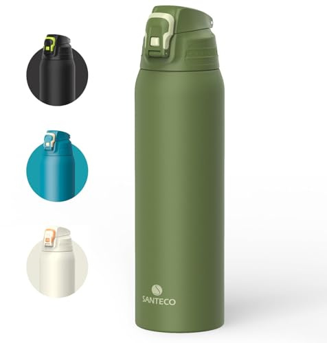 Santeco, borraccia con blocco di sicurezza anti-perdita, thermos in acciaio inossidabile da 1,5 l, senza BPA, con borsa da trasporto, bottiglia termica per acqua, adatta per il lavaggio in