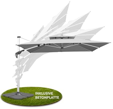 anndora Alu Ampelschirm 350 x 350 cm mit Kurbel – quadratischer Sonnenschirm 360° drehbar, schwenkbar & neigbar – wetterfest & UV-Schutz – inkl. Bodenanker zum Einbetonieren (Silber-Grau)
