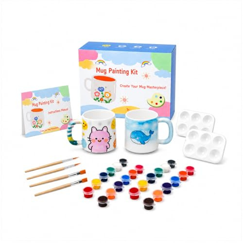 MeiKYing Tazas para Pintar, Juego de pintura de Cerámica con 2 Tazas para Colorear para Adultos, Juego de Pinceles e Instrucciones para Pintar, Kit de Manualidades para Adultos