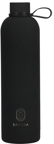BAVISSA Isolierte Wasserflasche, 1000 ml, mit Deckelclip, doppelwandige Vakuum-Trinkflasche hält Getränke 12 Stunden kalt / 6 Stunden heiß, Edelstahl-Wasserflasche, BPA-frei (mattschwarz)