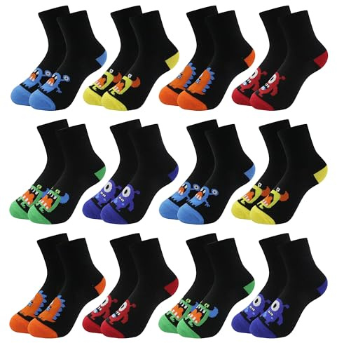 Uizuooy strumpor för barn, pojkar, flickor, sportstrumpor, fotboll, bomull, unisex, färgglada strumpor, kompressionsstrumpor, andningsbara barnstrumpor, barn tennisstrumpor, 12 par, 31-34