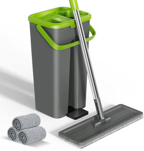 Eukue Wischmopp Set mit Eimer, Mikrofaser Bodenwischer mit Auswringfunktion, 2 in 1 Putzeimer mit Wischmop, Wischer Set mit Einstellbar Edelstahlgriff und 3 Mikrofaser Moppkopf für Alle Boden, Grau