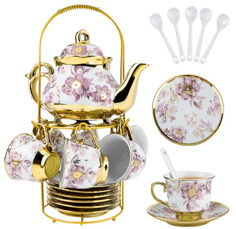 Hebaogugu 20-teiliges Porzellan-Teeset für Erwachsene, europäisches Teeset mit Teekanne für Nachmittagstee und Party, Blumen-Teetassen-Untertassen mit Metallhaltern (lila, 450 ml)