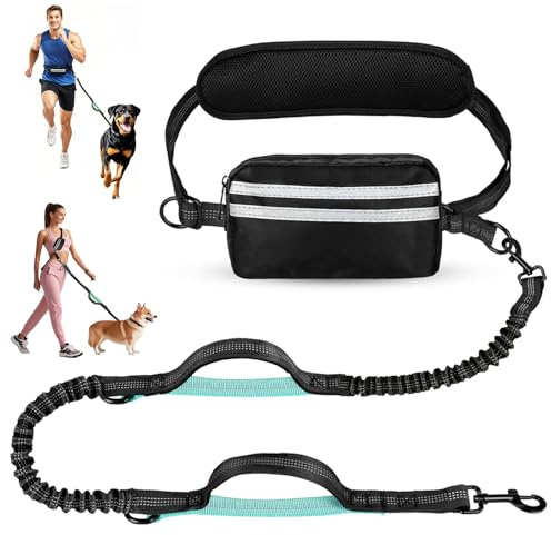Tiesenci Hands Free Dog Leash with Pouch, Crossbody & Waist Leash for Dog Walking, No Pull Heavy Duty Bungee, Padded Handles & Reflective for Large Medium Dogs, Black Blue