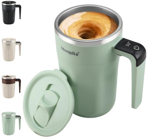 Mongdio Self Stirring Coffee Mug with Temperature Display, Rechargeable Stirring Mug, Automatic Self Stirring Cup with Lid, For Coffee, Milk and Other Beverages, Green