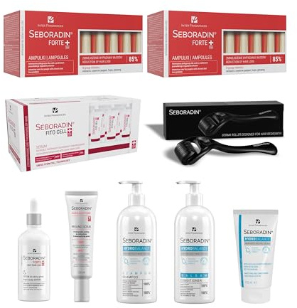 Seboradin Maria Red Set - Derma Roller, Ampoules, Sérum, Shampooing, Baume | Coffret soin anti-chute, sérum nuit cuir chevelu, gommage enzymatique, crème capillaire leave-in
