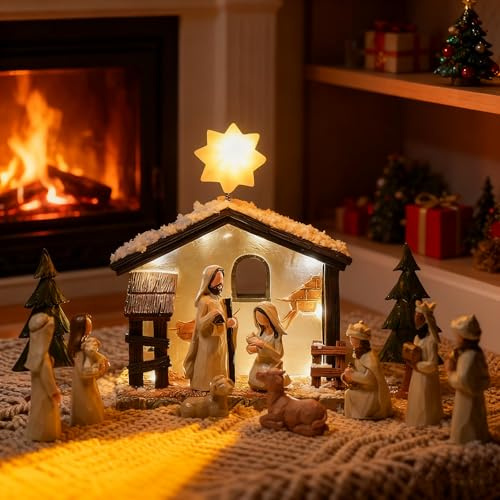 Krippenfiguren Set – Weihnachtskrippe Mit Beleuchtung, 13Pcs Handbemalt Krippe Weihnachten – Weihnachtskrippe Komplettset Mit Jesus Figur, Nativity Scene Set, Christliche Deko & Weihnachtsdeko Indoor