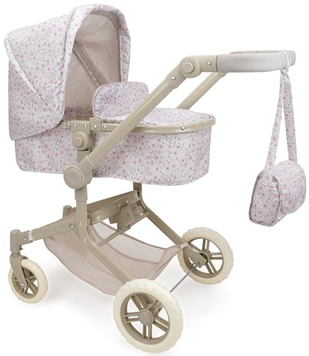 509 Crew: Little Flora - City Park 2-in-1 Doll Pram - Flower-Tan-Pink, Converts Into Jogger, Matching Handbag, Folding Toy Stroller, Basket, Kids 3+