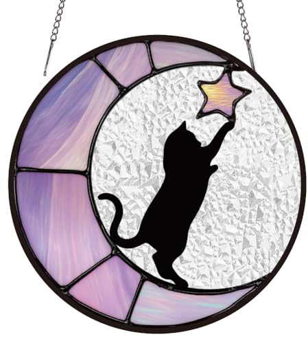 SUPERDANT Suspension en Verre Peint Lune Et Chat Attrape-Soleil Décor pour Fenêtre Jardin Balcon Terrasse Main pour Femmes 16x16cm