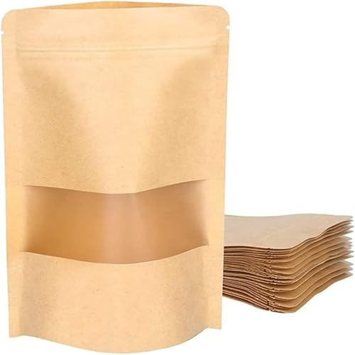 Lot 50 sachets papier kraft auto-portants – Sacs refermables à zip avec fenêtre transparente – Poches alimentaires ré-scellables pour café, snacks, thé et pâtisseries (12X20CM)