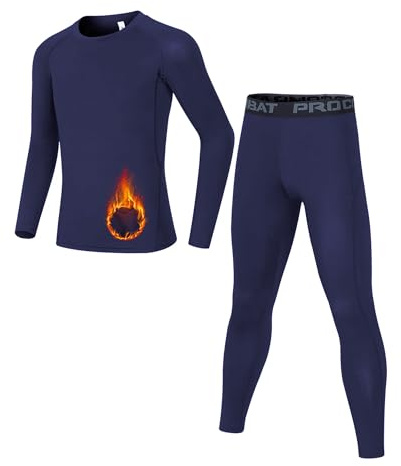 Dtone Kids Base Layer Set Boys Football Skins Athletic Thermal Long Sleeve Top and Leggings for Sport Ski Fleece Navy 8-9 Years