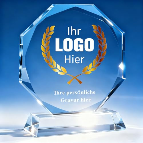 Personalisierte Kristall Trophäe mit Gravur - Individuelle Award Glastrophäe mit Logo & Text für Mitarbeiter Auszeichnung, Firmenjubiläum und Ruhestandsgeschenke