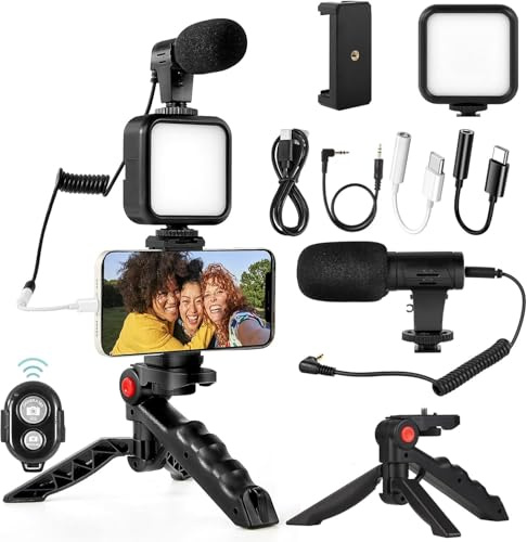 Kit per vlogging, kit video vlog compatibile con microfono, treppiede con luce LED, telecomando, kit YouTube per Android, per Instagram, Facebook Live (compatibile con Android e iPhone, luci LED
