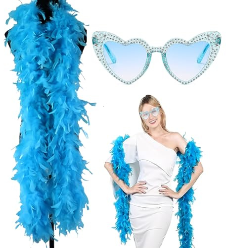 MOPQMKT Feather Boa, Blue Feather Boa And Heart Rimless Sunglasses, Delicate Feather Scarf, Feather Bower for Carnival Celebrations, Dance Performances, Weddings