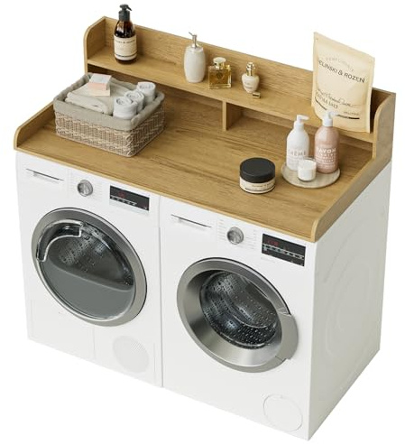 Apetaccat Plan de travail à 2 niveaux pour machine à laver et sèche-linge, organisation et rangement pour buanderie, plan de travail en bois pour machine à laver et sèche-linge, chêne