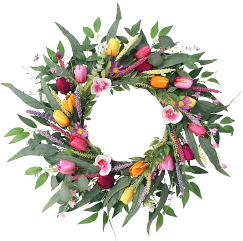 60 cm Frühlingskranz mit Tulpen & Orchideen: Künstlicher Blumenkranz mit Eukalyptusblättern für Ostern, Türdekoration & Garten – Hochwertige Kunstblumen auf Weidenkranz (Mehrfarbig)