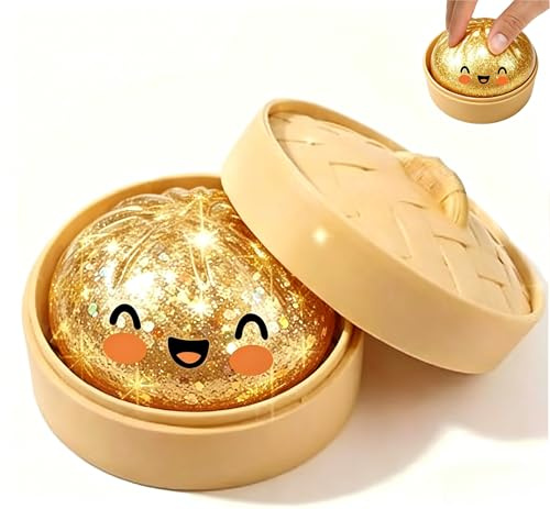 Dumplings Squishy,Dumplings Squishies Mit Dampfgarer,Anti Stress Spielzeug Knödel,Glitter Dumpling Squishy Mystery,Sensory Fidget Toy Antistressball für Kinder Erwachsene,Non-Edible(Gold)