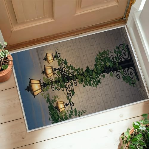 Tappeto runner per lampione, vintage, rustico, edera, muro di mattoni, verde primavera, tappeto a pelo basso, con bordo bordato, decorazione per cucina, ingresso, bagno, porta, 6 x 90 cm