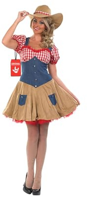 Fun Shack, Cowgirl Costume for Women, Halloween Costumes for Women | Brown, Denim Check-print Dress with Silver Button Detail Included, Perfect for Halloween, Great for Fancy Dress