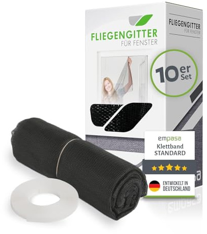 empasa Fliegengitter Fenster Polyester 130 x 150 cm Insektenschutz Gewebe inkl. Klettband individuell kürzbar durchsichtig, Farbe:schwarz, Größe:10 Stück