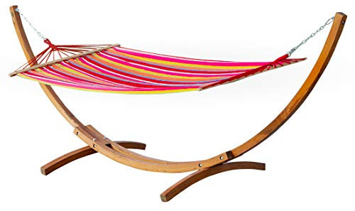 ALEOS. 350cm Hängemattengestell Alicia Hängematte mit Gestell aus Holz Lärche mit bunter Stab Hängematte