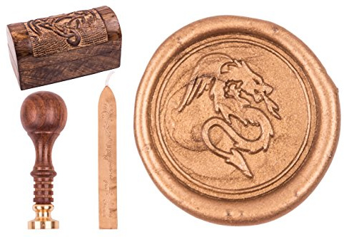gravurART Siegelset Drache mit Holzbox, Schatzkiste mit Drachen-Motiv, Siegelstempel und Siegelwachs