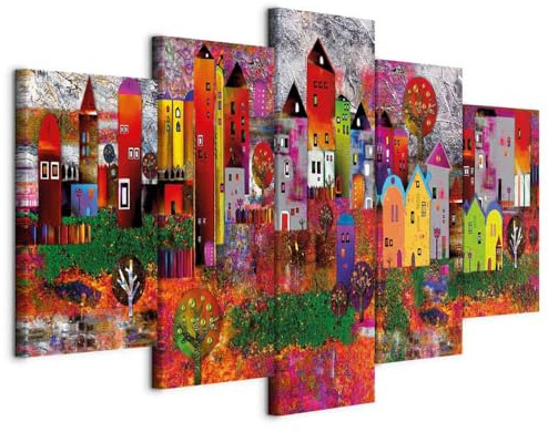 B&D XXL - Leinwandbild bunte Häuser Gebäude, 225x112 cm, 5-teilig, modern | Hochwertige Leinwand, sofort aufhängbar, ideal fürs Wohn- oder Schlafzimmer, wasserfest und lichtecht, langlebig, stilvoll