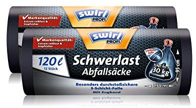 Swirl Profi Schwerlast-Abfallsäcke mit Zugband, 120 Liter, Reißfest, 2 Rollen mit je 12 Säcken