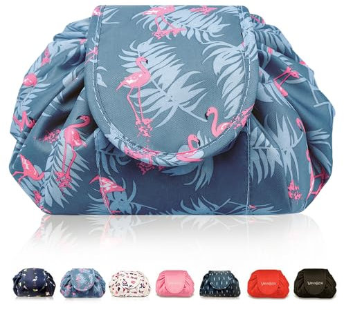 Lazy Kosmetikbeutel mit Kordelzug Portable Große Kosmetiktasche Reisetasche Make up Beutel Aufbewahrung Organisator für Damen Mädchen (Flamingo)