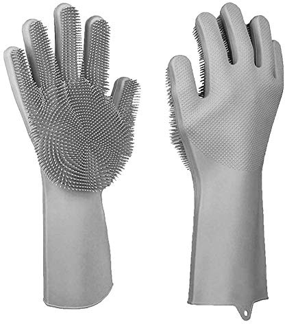 DUBENS Silikon-Handschuhe Wash Scrubber Waschhandschuh, Hitzebeständige Spülhandschuhe Reinigungsbürste für für Reinigung, Haushalt, Geschirrspülen, Das Auto Waschen, Pet Hair Care (Grau)