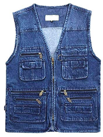 Daoba Herren Weste Denim-Weste Jeansweste Outdoor Sport Weste mit vielen praktischen Taschen für Camping Jagd Fischen