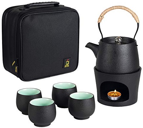 Teiera da viaggio in ceramica con piano cottura, set da tè con 1 pentola e 4 mini tazze da tè cinese Kung Fu Teiera in porcellana Tazze da tè portatile Borsa protettiva per picnic all'aperto campeggio
