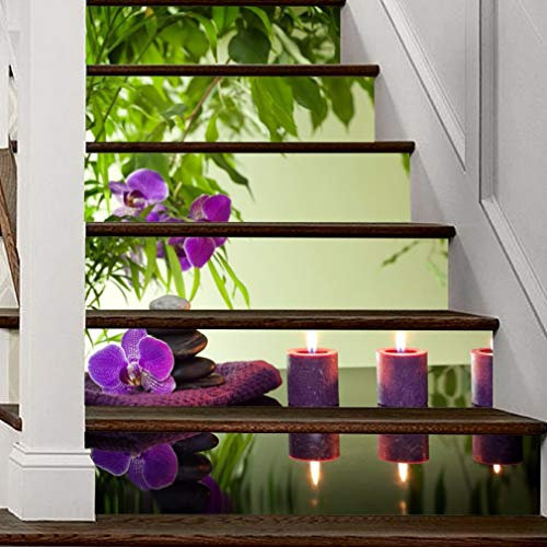 A.Monamour Autocollants d'escalier Auto-adhésifs 3D Zen Spa Pierre Orchidées Fleur Vinyle Imperméable Sticker Contremarche d'escalier Sticker Carrelage Sticker Mural Autocollant Mural Art Décor DIY