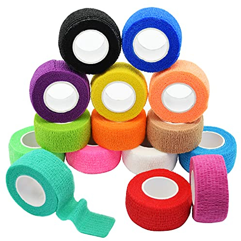 FEILIBAY 15 Pack Cohesive Wrap 1 Inch x 5 Yards Self Adherent Vet Tape for Pets, Elastic Self Adhesive Bandage Wrap for Sports, Finger, Wrist, Ankle (1 Inch, 15 Colors)