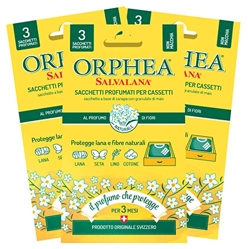 3x Orphea Salvalana Sacchetti Profumati per Cassetti Protegge Lana e Fibre Naturali al Profumo di Fiori - 3 Confezioni da 3 Sacchetti Ognuna