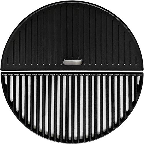 WELL GRILL Grille de cuisson réversible en fonte demi-lune de 45,7 cm pour Kamado Joe Classic, Big Green Egg, Pit BossK22, Large Dome, Louisiana K22 et autres grill Kamado (plaque + grille)